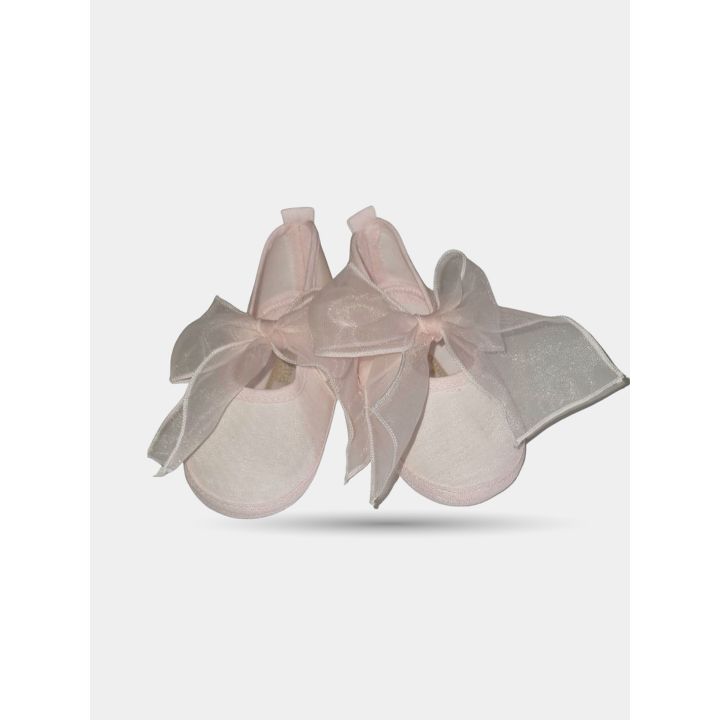Scarpe Aletta rosa con grande fiocco in nastro trasparente, vista frontale