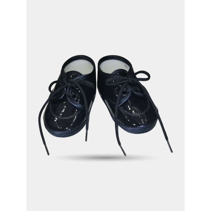 Scarpe battesimo Aletta blu lucide da neonato viste dall'alto con lacci
