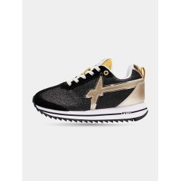 Sneaker W6YZ nera glitter con logo oro, vista di tre quarti