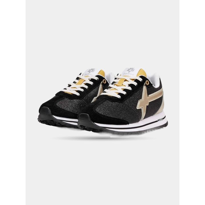 Paio di sneakers W6YZ nere glitter viste di fronte con lacci bianchi