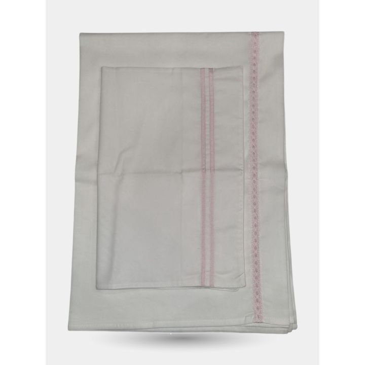 Lenzuola e federa Aletta panna da neonata con righe e pizzo rosa