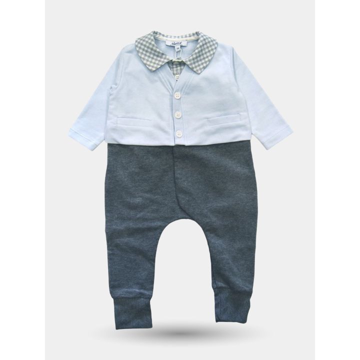 Tutina Aletta grigia da neonato con finto gilet celeste vista frontale