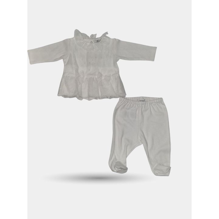 Completo nascita Aletta bianco: casacca in pizzo e pantaloni con piedini