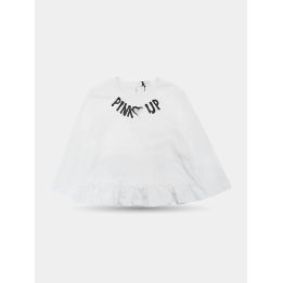 T-shirt Pinko bianca a manica lunga con balza e logo nero, vista frontale