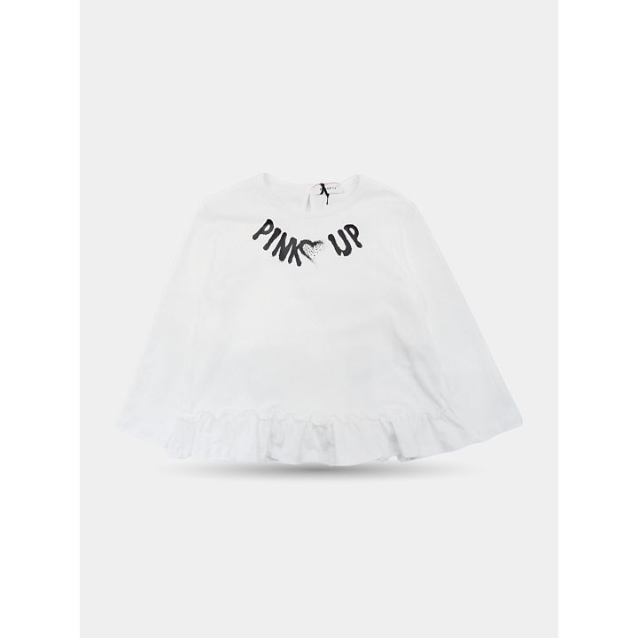 T-shirt Pinko bianca a manica lunga con balza e logo nero, vista frontale
