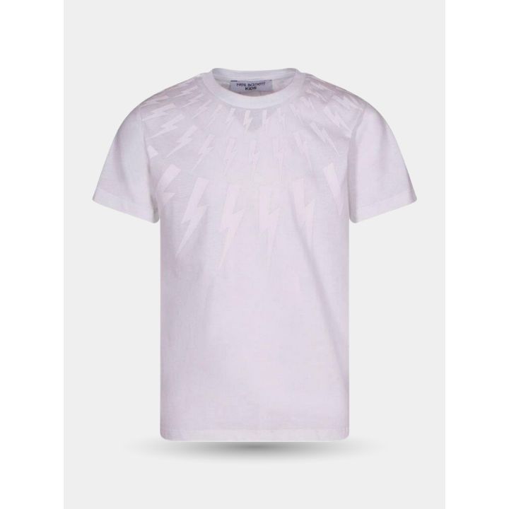 T-shirt Neil Barrett bianca con fulmini tono su tono intorno al collo, davanti