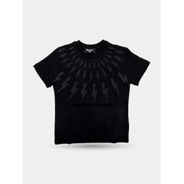 T-shirt Neil Barrett nera con fulmini grigi a raggiera intorno al collo, davanti