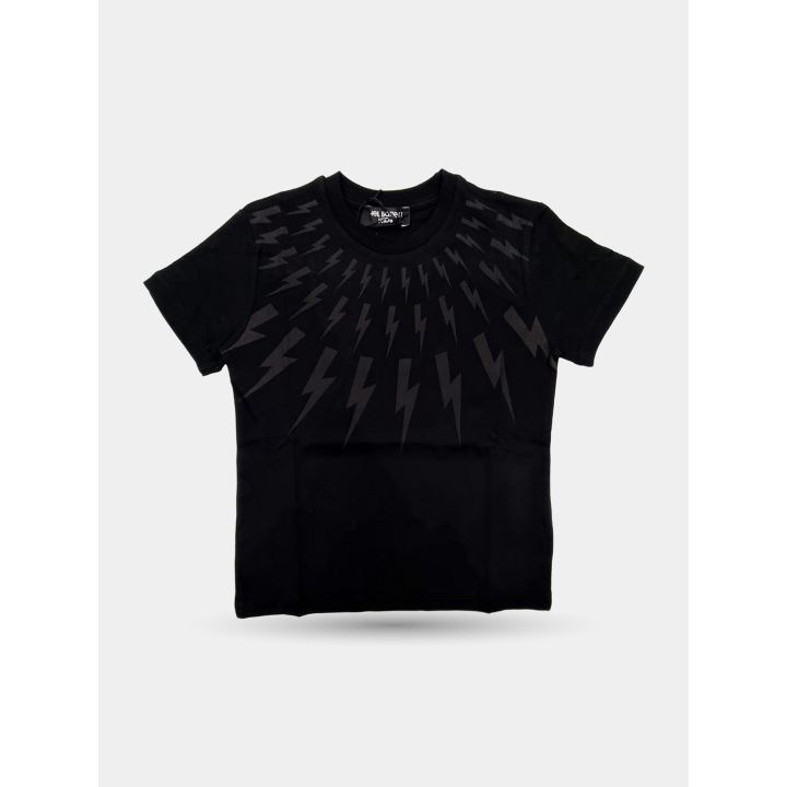 T-shirt Neil Barrett nera con fulmini grigi a raggiera intorno al collo, davanti