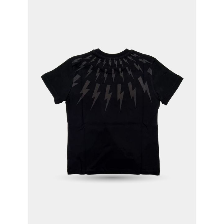 Retro della t-shirt Neil Barrett nera con i fulmini a raggiera sulle spalle