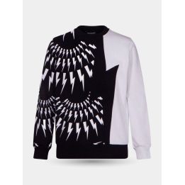 Maglia Neil Barrett nera e bianca con fulmini a raggiera, vista frontale