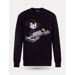 Maglia Neil Barrett nera con stampa del gatto DJ alla console, vista frontale