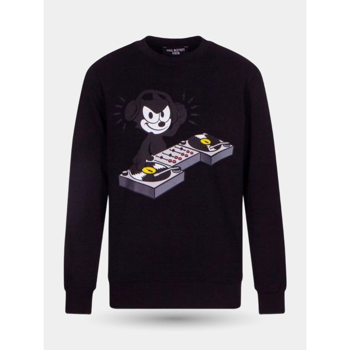 Maglia Neil Barrett nera con stampa del gatto DJ alla console, vista frontale