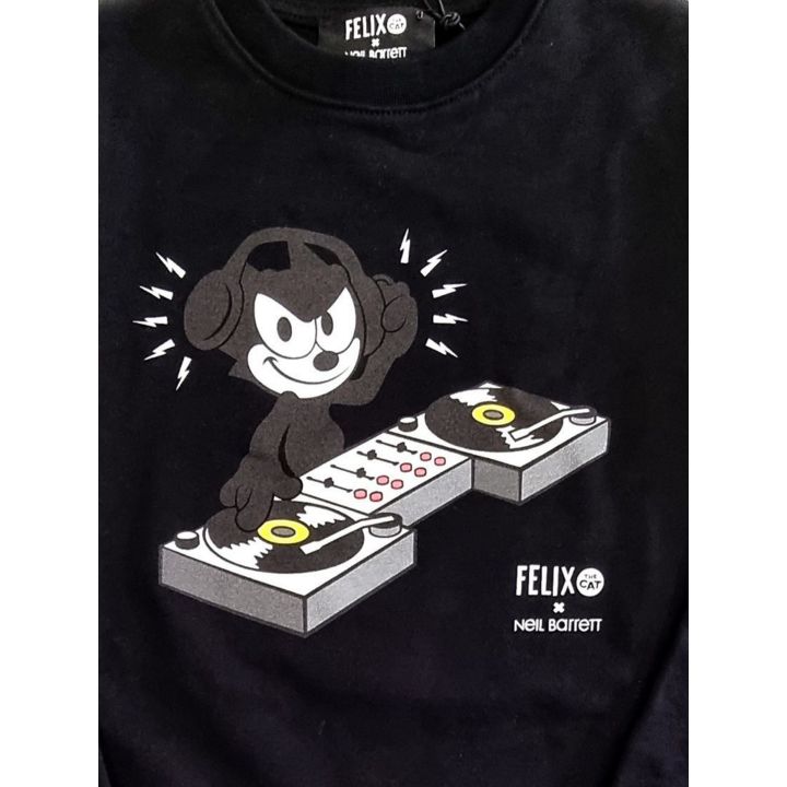 Stampa del gatto DJ con cuffie e fulmini sulla maglia Neil Barrett nera