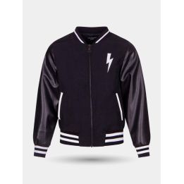 Giacca bomber Neil Barrett nera con fulmine bianco e maniche effetto pelle, davanti