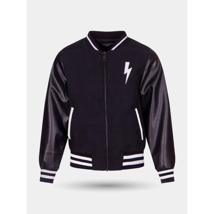 Giacca bomber Neil Barrett nera con fulmine bianco e maniche effetto pelle, davanti