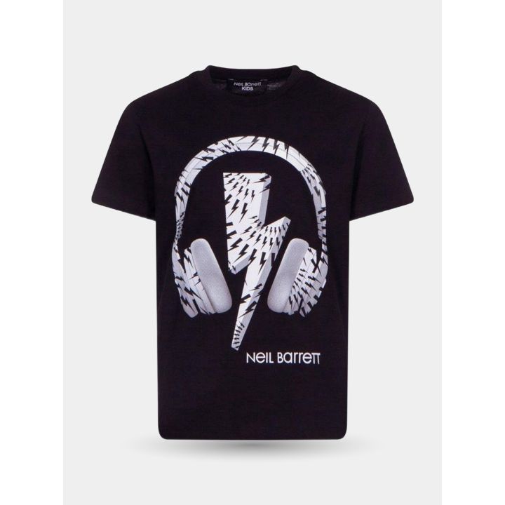T-shirt Neil Barrett nera con stampa di cuffie e fulmine, vista frontale