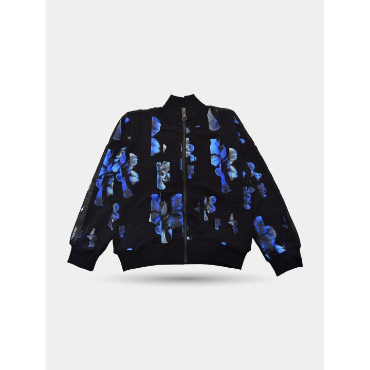 Maglia con zip Neil Barrett nera a fiori blu, vista frontale