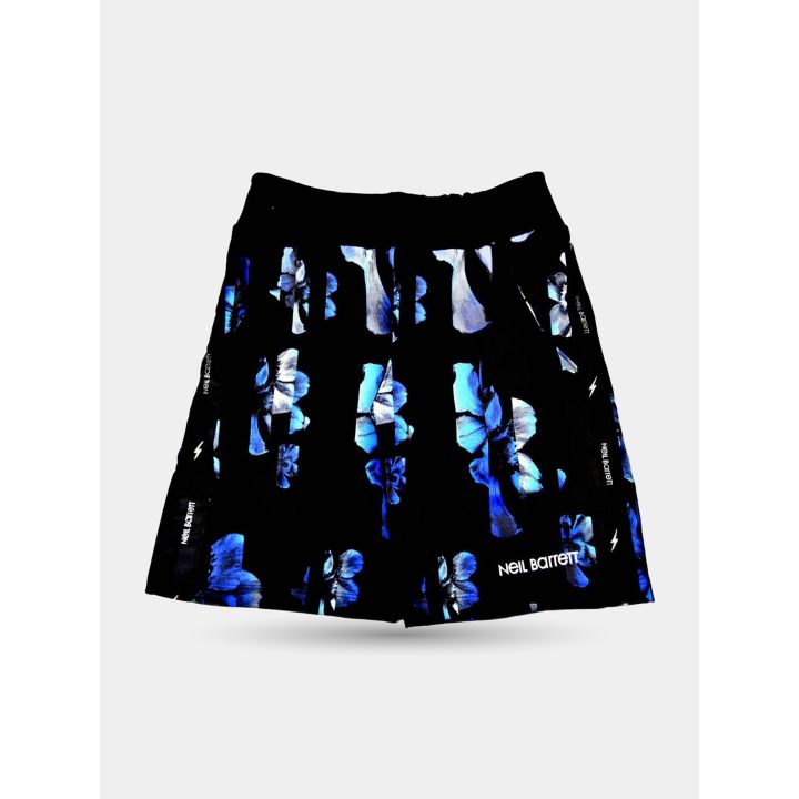 Shorts in felpa Neil Barrett neri a fiori blu, vista frontale