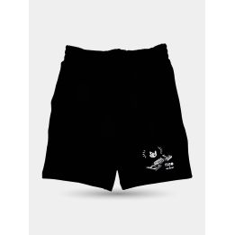 Shorts neri in felpa Neil Barrett con piccolo gatto DJ sulla gamba, vista frontale