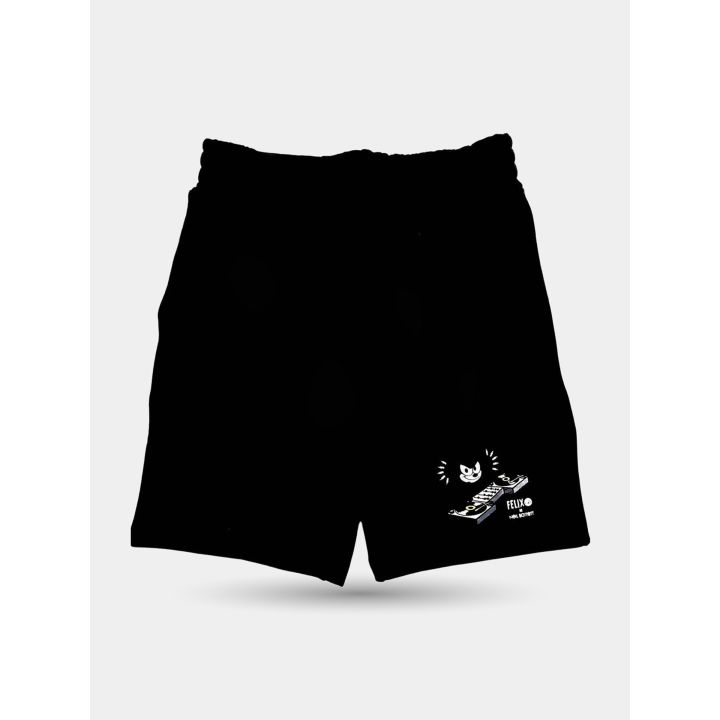 Shorts neri in felpa Neil Barrett con piccolo gatto DJ sulla gamba, vista frontale