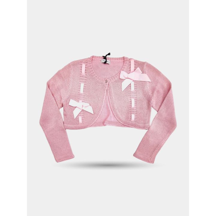 Cardigan Byblos rosa da bambina corto con due fiocchi vista frontale