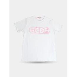 T-shirt GCDS bianca vista frontale con logo Crew rosa a lettere vuote