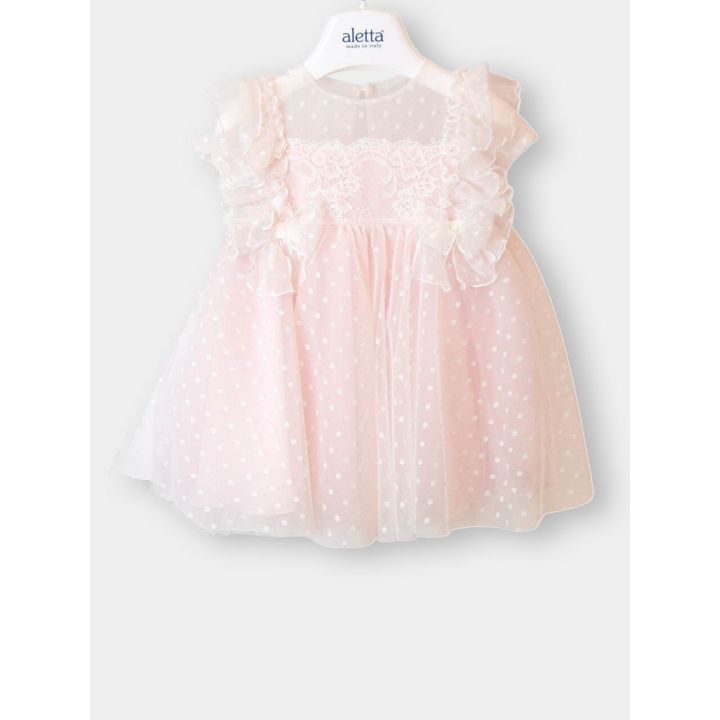 Abito da cerimonia Aletta rosa in tulle a pois, vista frontale