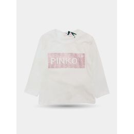 T-shirt Pinko bianca a manica lunga con riquadro di brillantini rosa, vista frontale