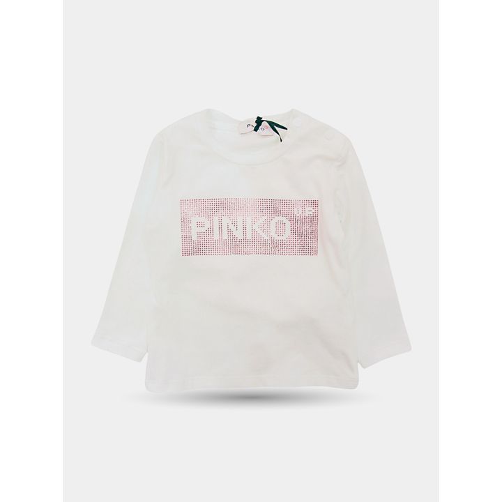 T-shirt Pinko bianca a manica lunga con riquadro di brillantini rosa, vista frontale