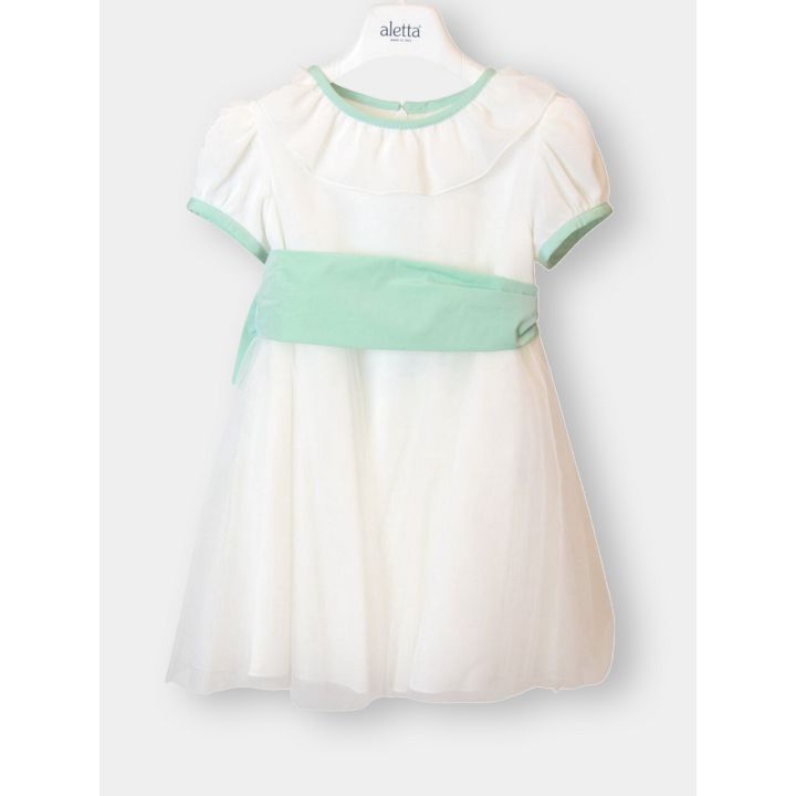 Abito da cerimonia Aletta panna con fascia verde, vista frontale