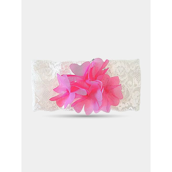 Fascia Aletta in pizzo bianco da neonata con grande fiore fucsia
