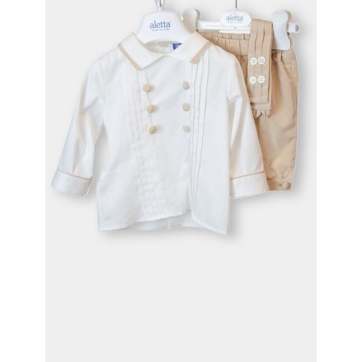 Abito da cerimonia Aletta con camicia panna e pantalone alla zuava beige, vista frontale