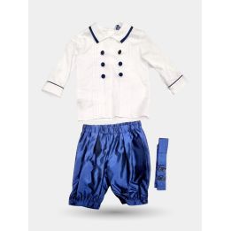 Abito da cerimonia Aletta con camicia bianca, pantaloni blu a sbuffo e fusciacca, vista frontale