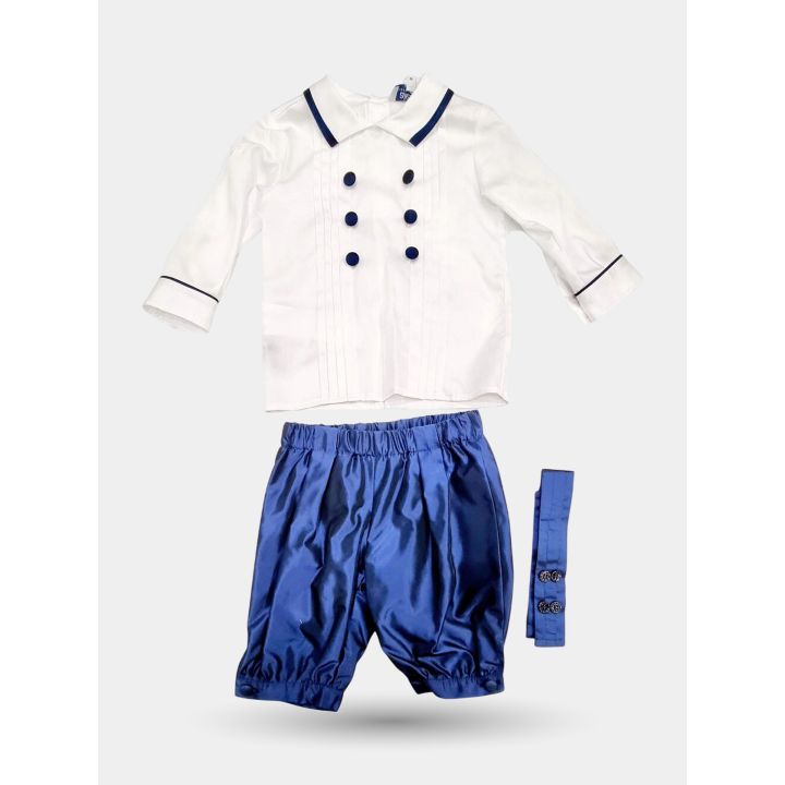 Abito da cerimonia Aletta con camicia bianca, pantaloni blu a sbuffo e fusciacca, vista frontale
