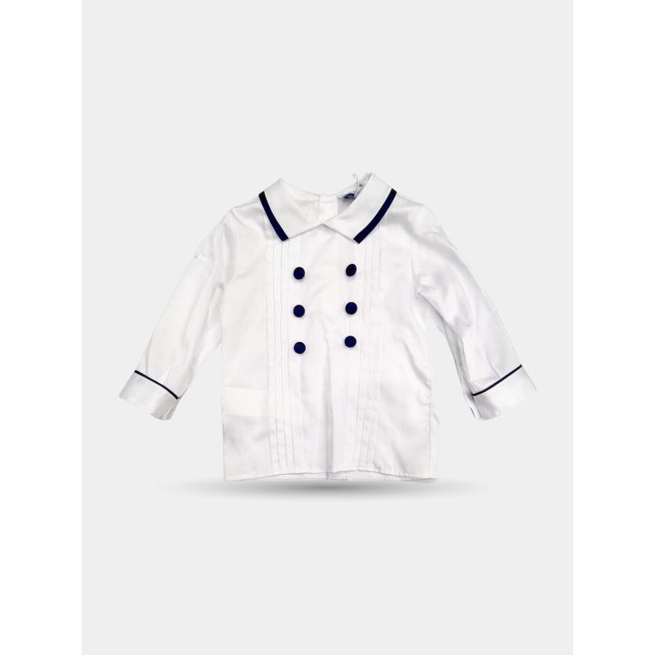 Camicia bianca Aletta con colletto profilato blu e doppia fila di bottoni blu