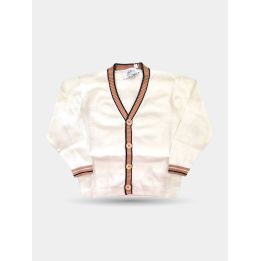 Cardigan Aletta beige da bambino con bordi rosa salmone a contrasto, vista frontale