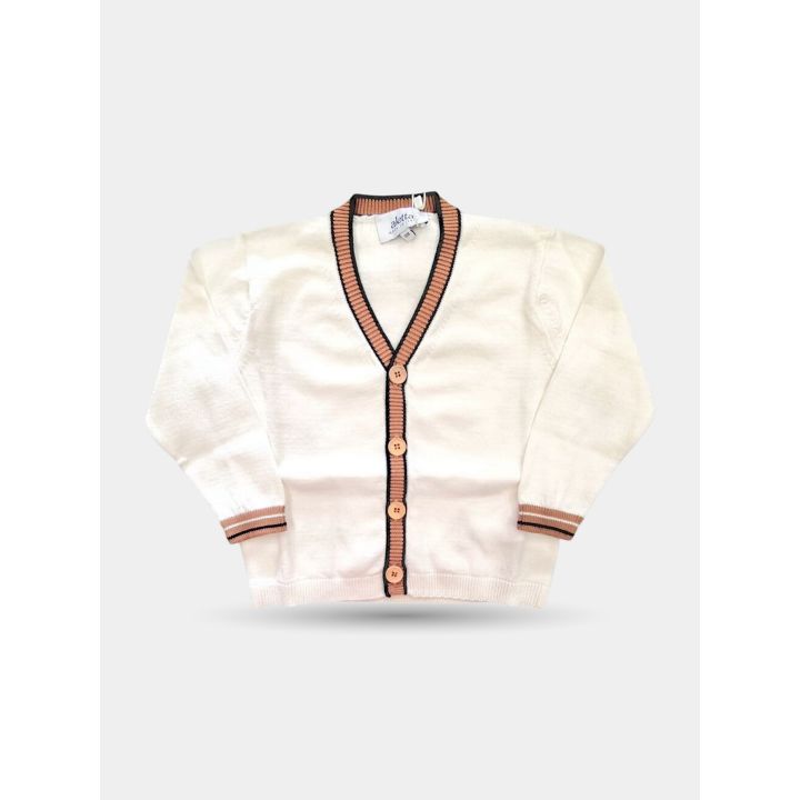 Cardigan Aletta beige da bambino con bordi rosa salmone a contrasto, vista frontale