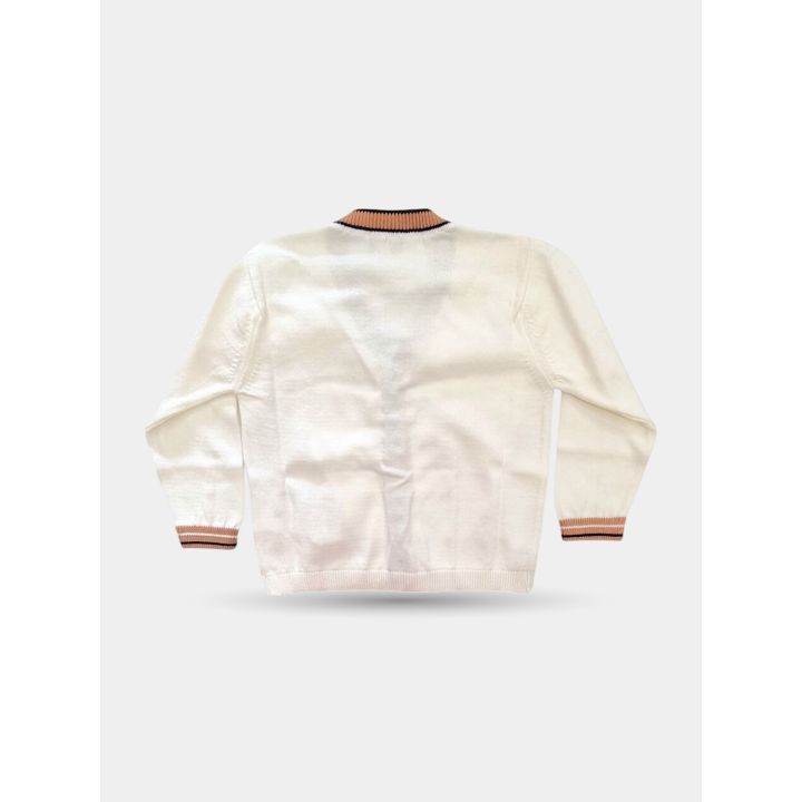 Retro del cardigan beige con collo e polsini a righe a contrasto