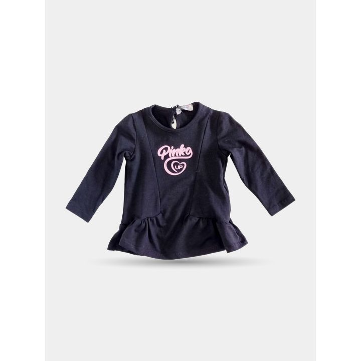 T-shirt nera del completo Pinko con balza arricciata in fondo