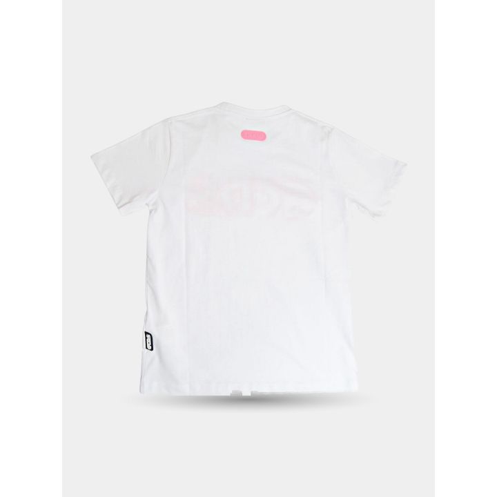 Retro della t-shirt GCDS bianca con placca rosa sotto il collo