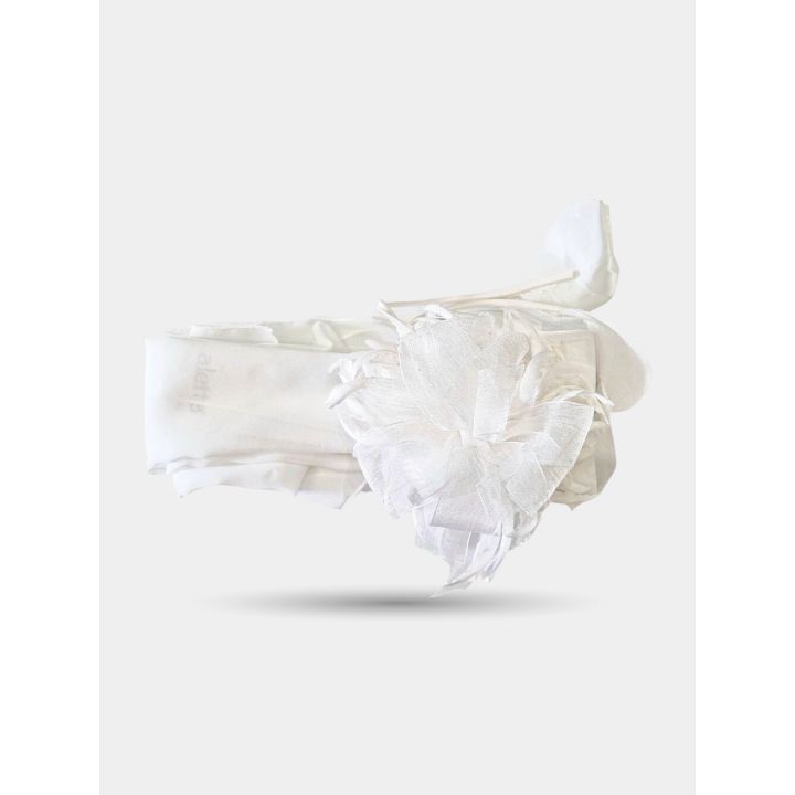 Cintura da comunione Aletta bianca con fiore velato, vista frontale
