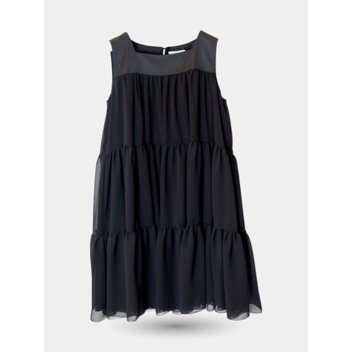 Abito elegante Aletta nero smanicato a balze, vista frontale