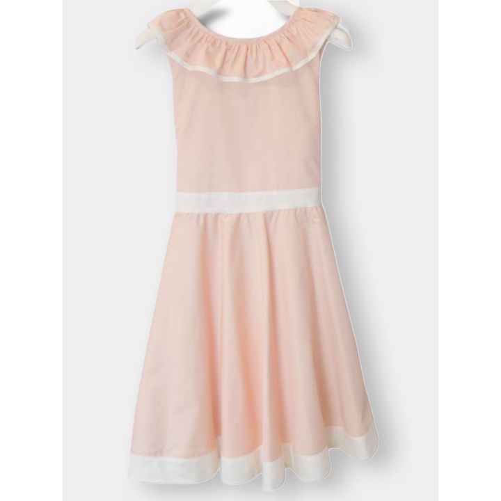 Abito elegante Aletta rosa cipria con colletto arricciato, vista frontale