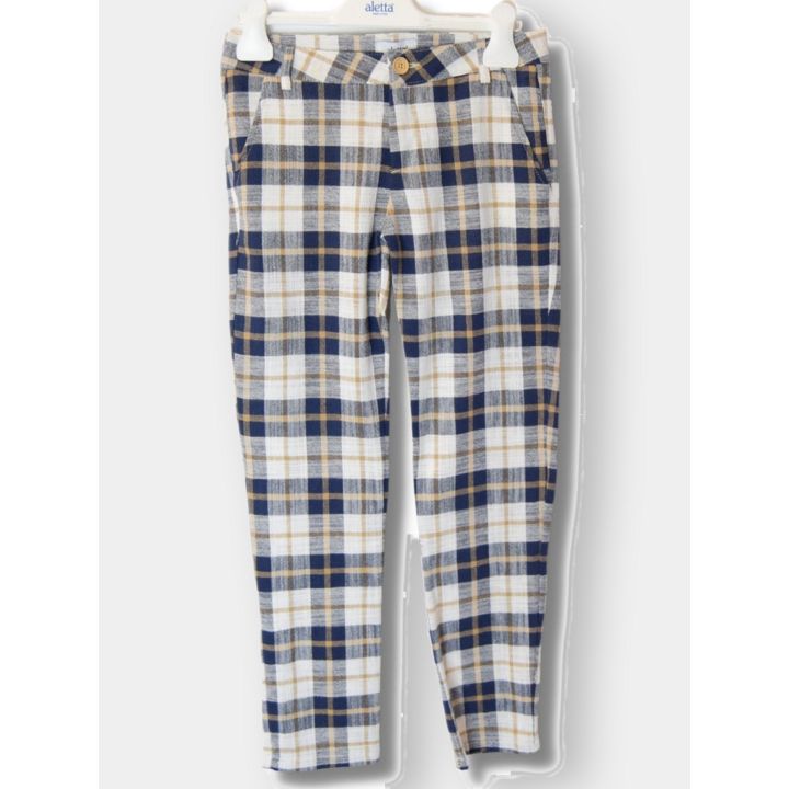 Pantaloni eleganti Aletta a quadri blu ed ecrù, vista frontale