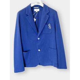 Giacca Aletta blu con tasche applicate e occhiali, vista frontale