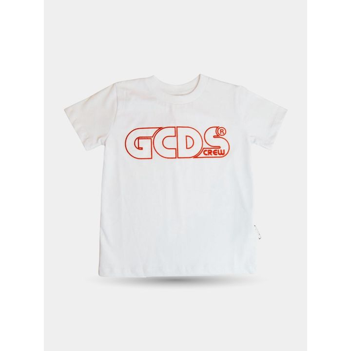 T-shirt GCDS bianca oversize vista frontale con logo rosso a lettere vuote