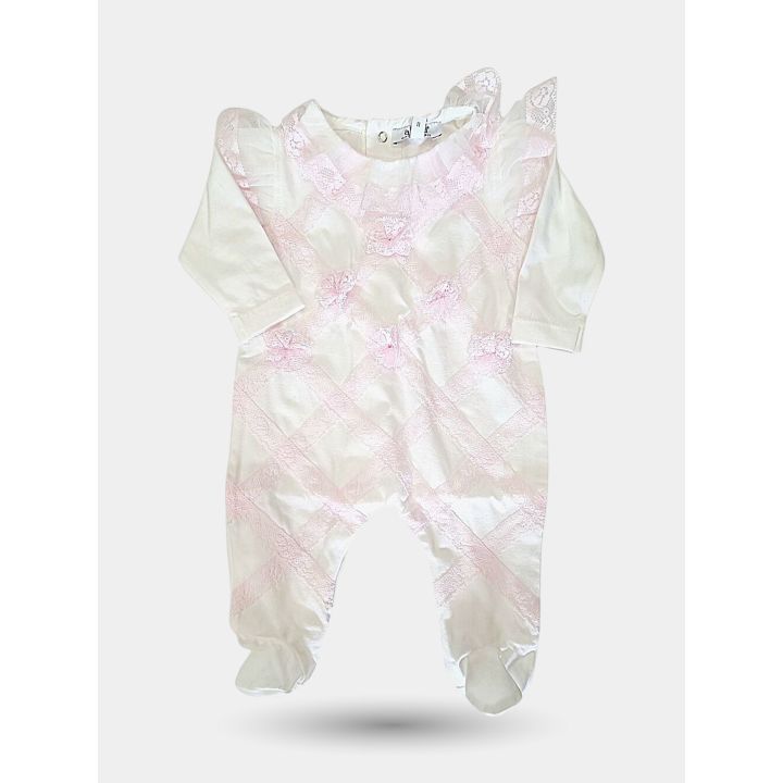 Tutina Aletta bianca con pizzo rosa a rombi e fiorellini, vista frontale