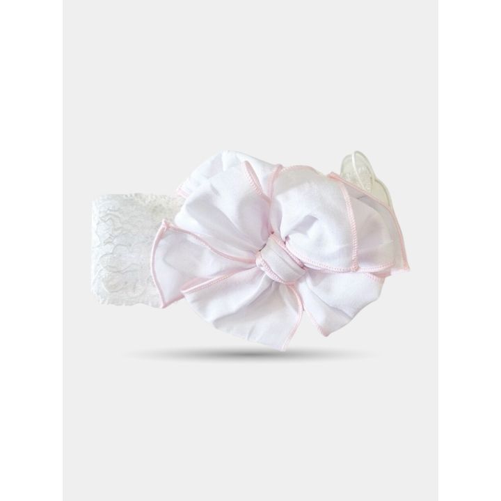 Fascia Aletta in pizzo bianco con grande fiore bordato di rosa, vista frontale
