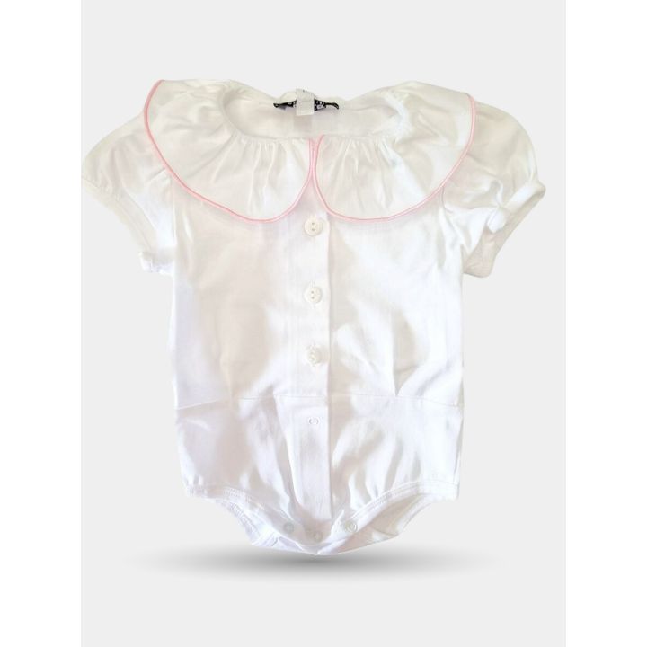 Camicia body Aletta bianca da neonata vista frontale con colletto bordato di rosa
