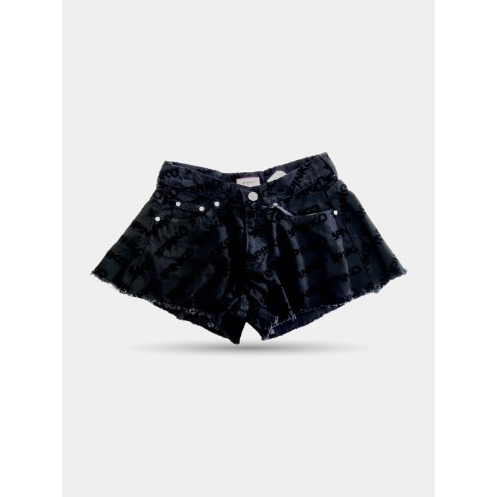 Shorts di jeans Pinko neri con logo tono su tono e orlo sfrangiato, vista frontale